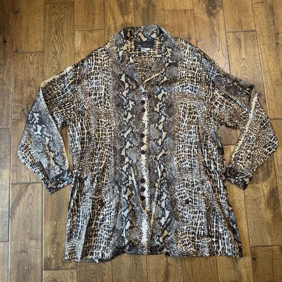The Icing Tops - VTG 80s The Icing 100% Silk Button Down Long Slv Tunic Shirt Animal Print Sz L